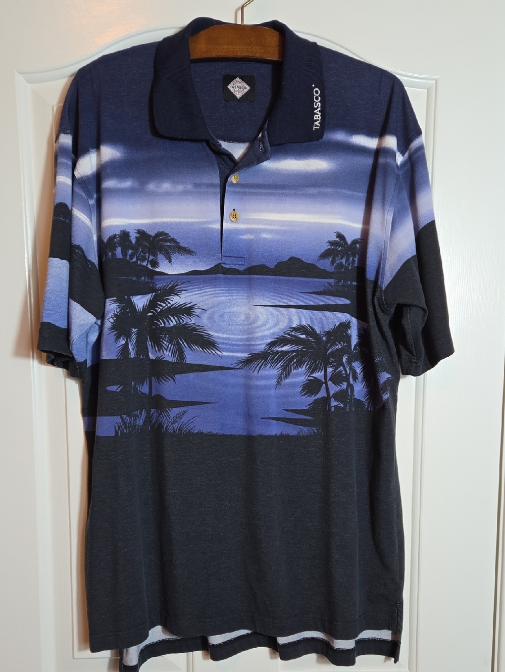 Vintage Tabasco Sportswear Scenic Polo – Palm Trees Sunset Landscape Size L
